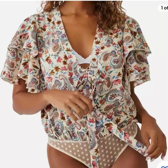 Free People Women’s small Cream Brown Paisley Plunge Bodysuit Flutter - Picture 1 of 14